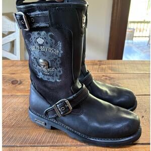 Harley Davidson Mens Black Leather Riding Biker Boots Strap Skull Size 10 US